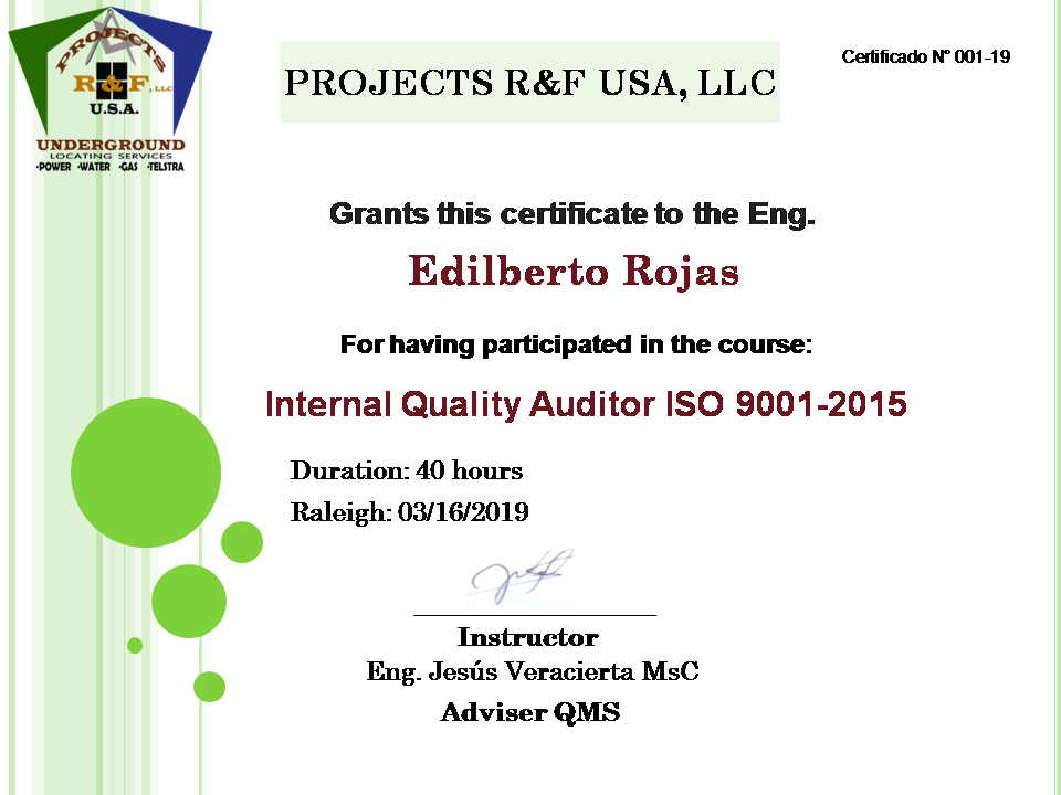 PROJECTS RF USA. Image 5. Certification of our CEO in the Training (03/19/2019)