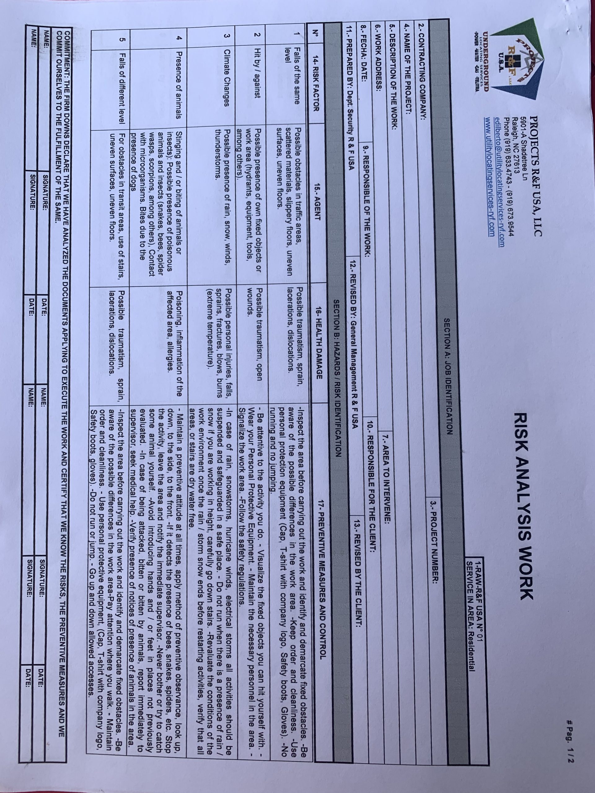 PROJECTS R&F USA. Image 2. PROJECT R&F USA´s form for Risks Analysis. (Apr2019)