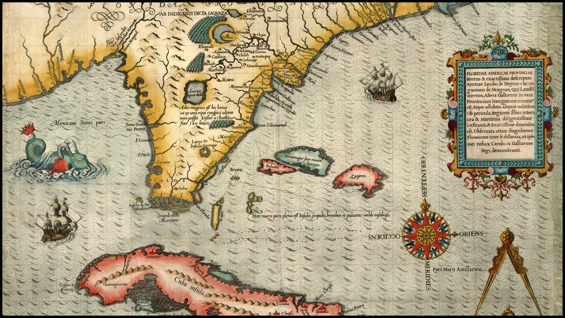 Image 2. Antique Map of Cuba & Florida 1591 by Theodor de Bry (https://canales.elcomercio.es -Apr2019). PROJECTS RF USA