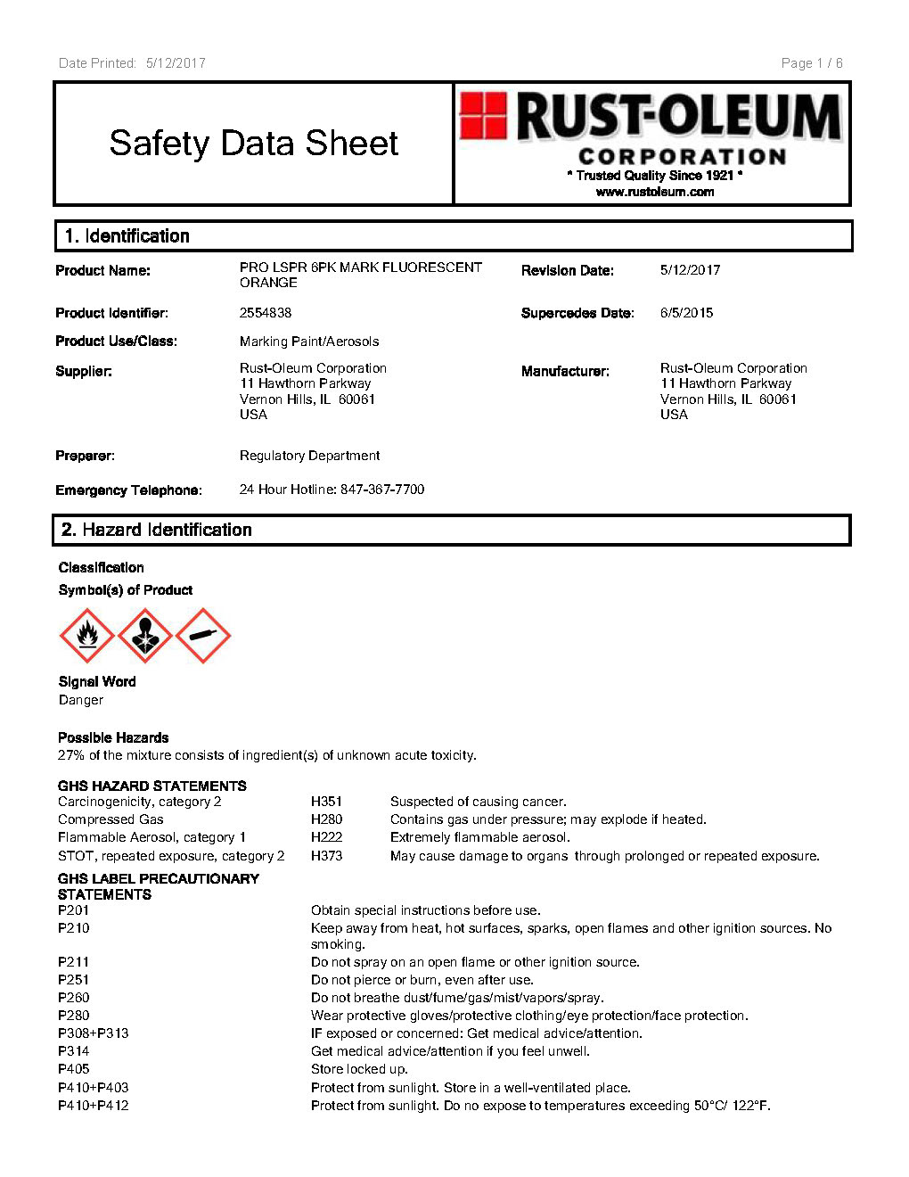 PROJECTRFUSA. Image 4. Safety Data Sheet (1rs Pag.) of the paint in Spray RUST-OLEUM (May 2019)
